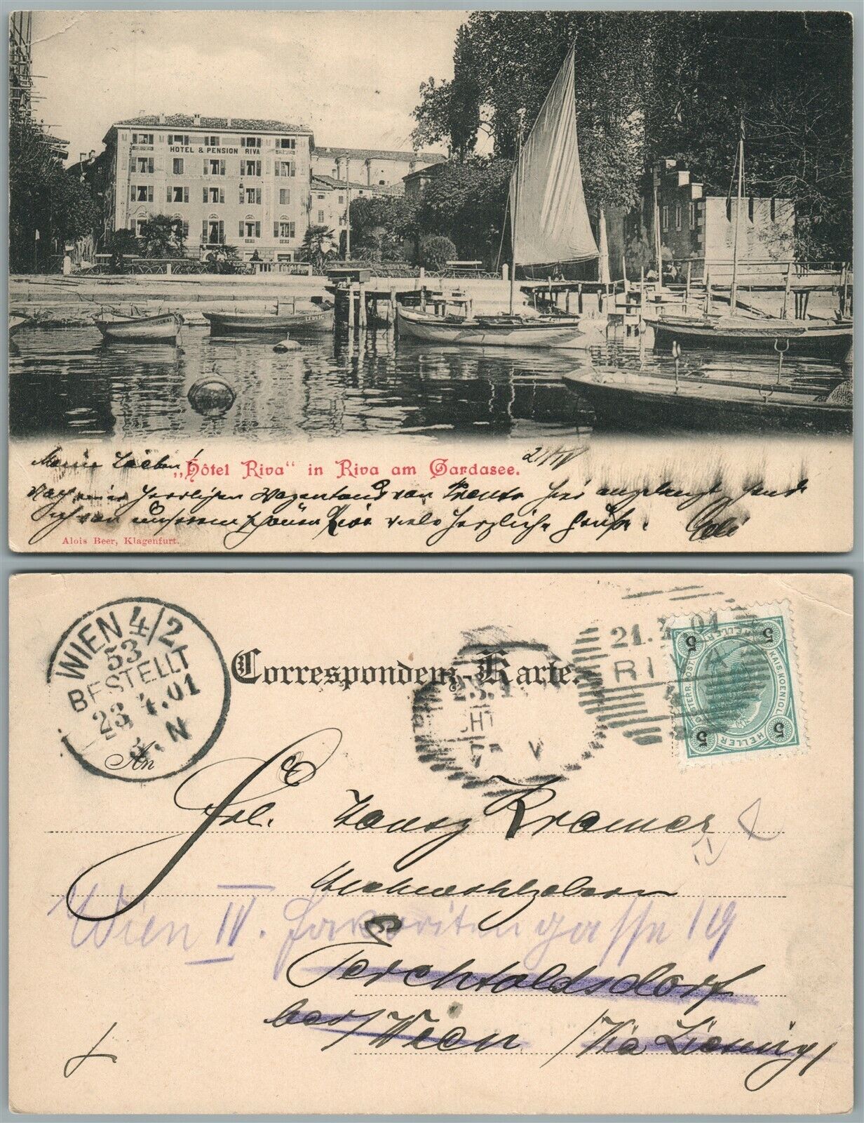 HOTEL RIVA ITALY RIVA DEL GARDA 1901 ANTIQUE POSTCARD w/ BAVARIAN stamp