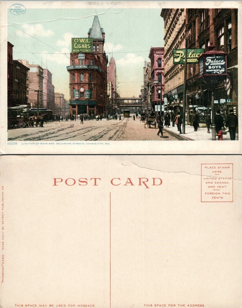 JUNCTION OF MAIN & DELAWARE STREET KANSAS CITY MO ANTIQUE POSTCARD