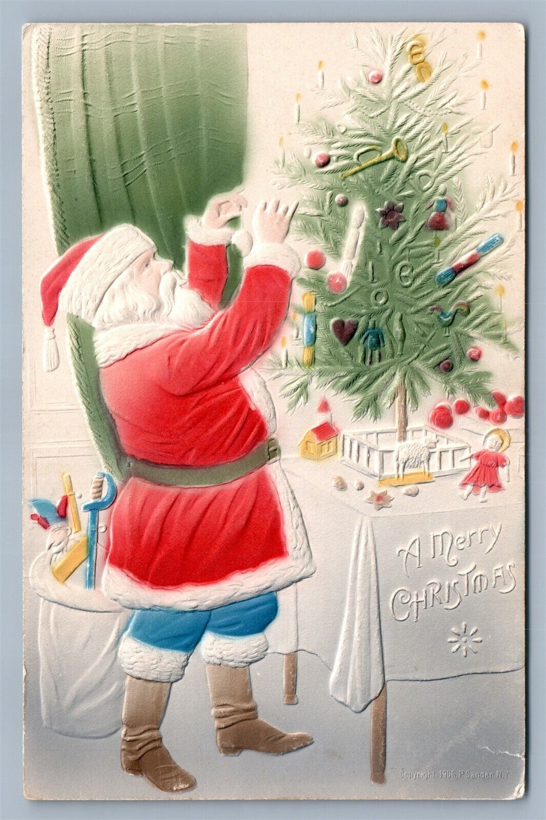 SANTA DECORATING CHRISTMAS TREE EMBOSSED ANTIQUE POSTCARD