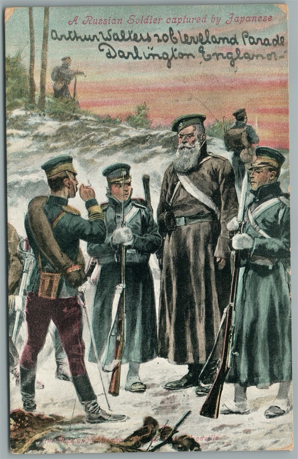 RUSSIAN SOLDIER CAPTURED BY JAPANESE ANTIQUE POSTCARD 1905 CANCEL