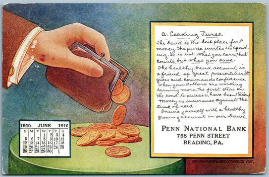 READING PA PENN NATIONAL BANK ADVERTISING ANTIQUE POSTCARD JUNE 1910 CALENDAR