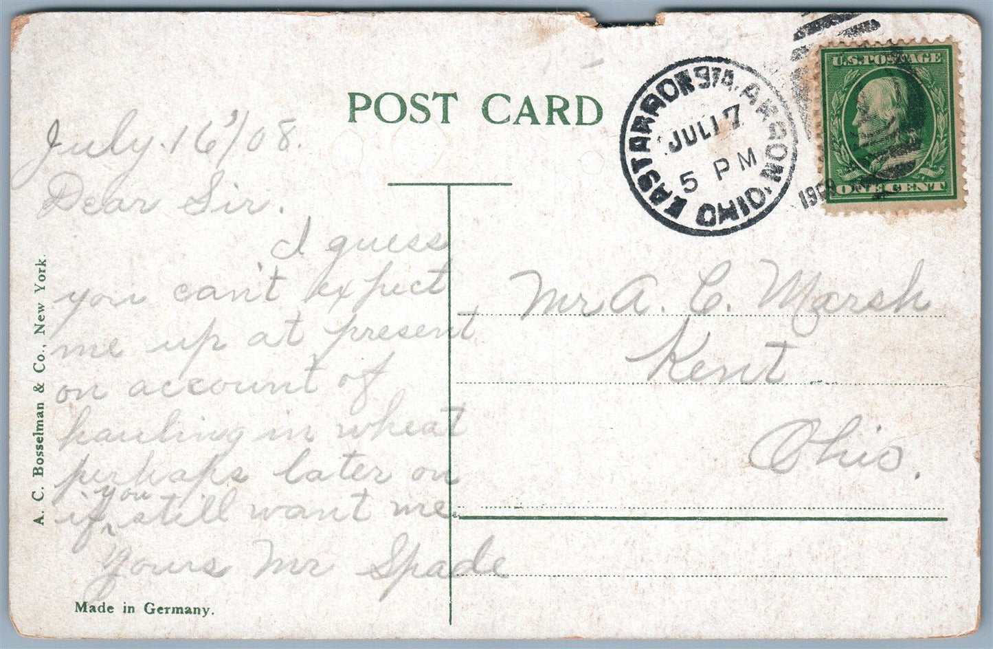 AKRON OH POST OFFICE ANTIQUE 1909 POSTCARD w/ CORK CANCEL