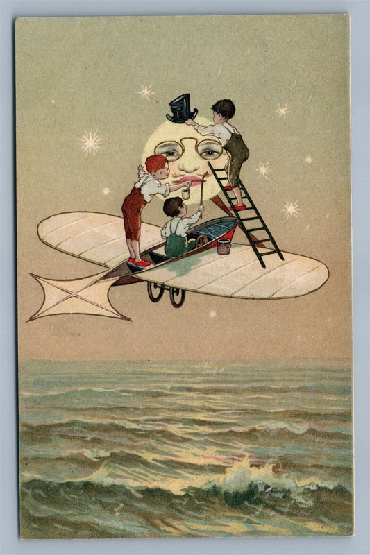 KIDS ON AIRPLANE COVERING THE MOON ANTIQUE POSTCARD