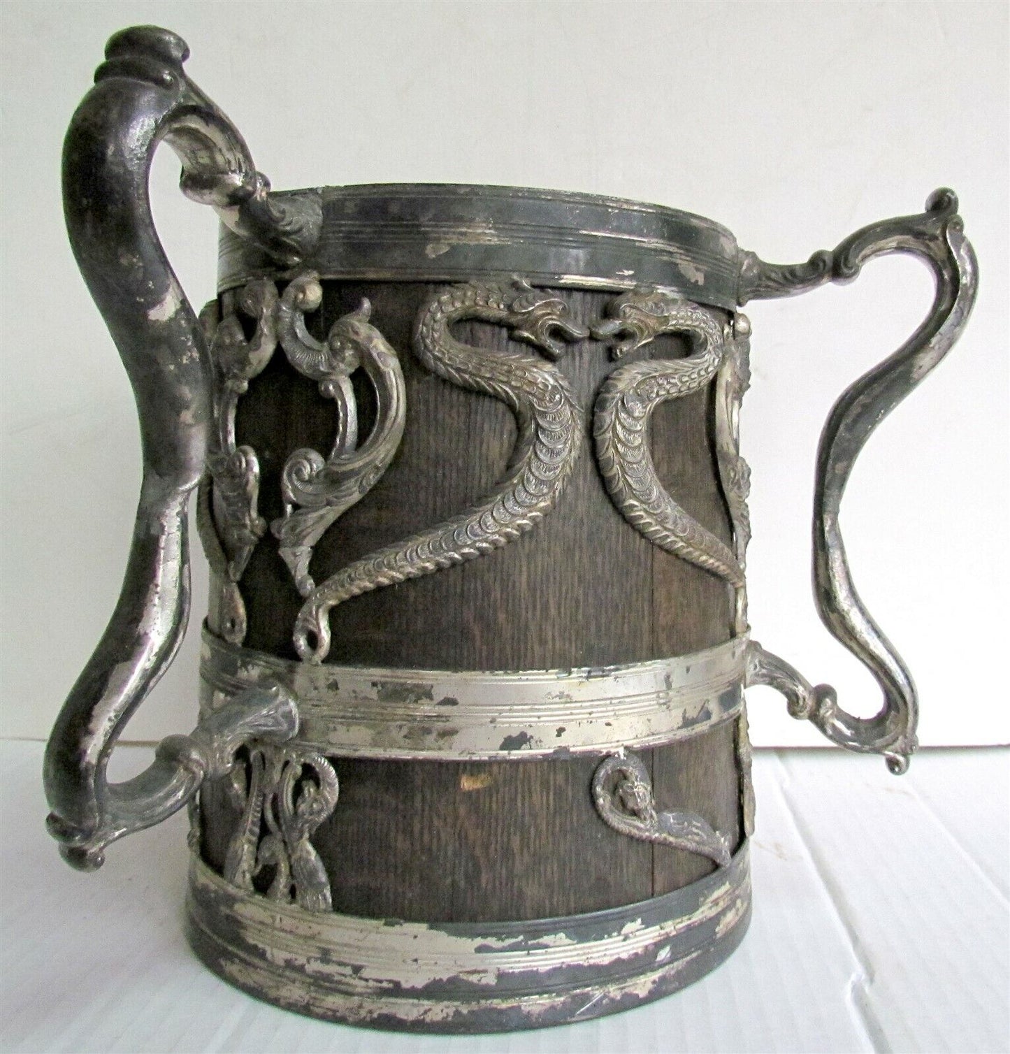 UNIQUE ANTIQUE TROPHY 3 HANDLES WOOD & SILVERPLATED VESSEL w/ SERPENTS DESIGN