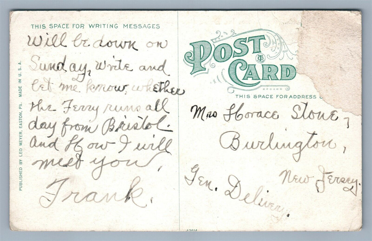 EASTON PA LAFAYETTE AVENUE ANTIQUE POSTCARD