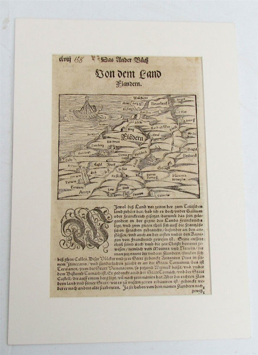 1569 MUNSTER COSMOGRAPHY LEAF w/ MAP of WESTERN FLANDERS antique 16th century