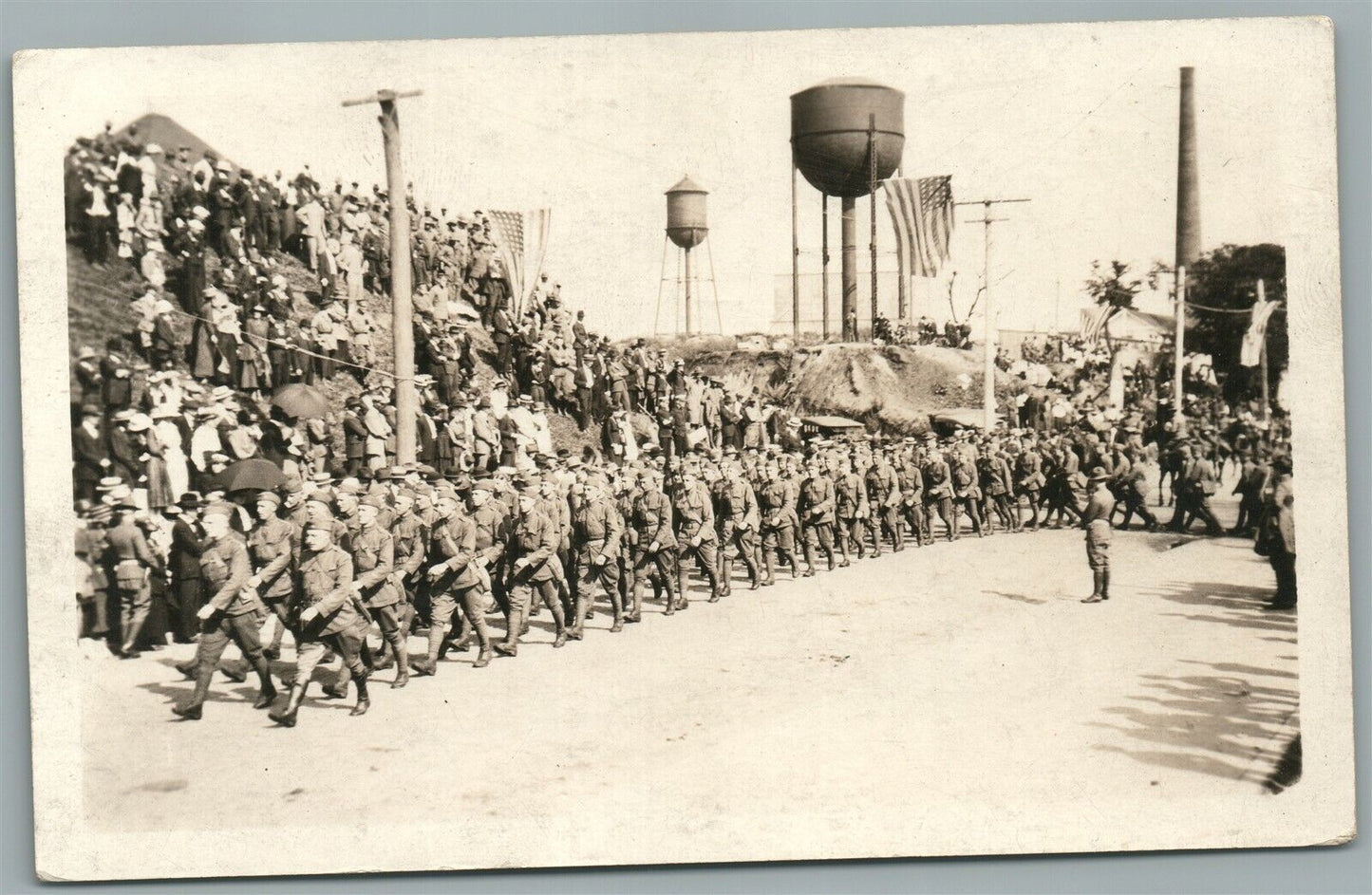 MILITARY UNIT MARCHING w/ AMERICAN FLAGS ANTIQUE REAL PHOTO POSTCARD RPPC