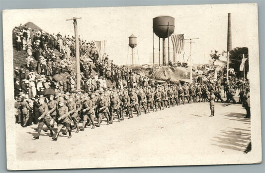MILITARY UNIT MARCHING w/ AMERICAN FLAGS ANTIQUE REAL PHOTO POSTCARD RPPC