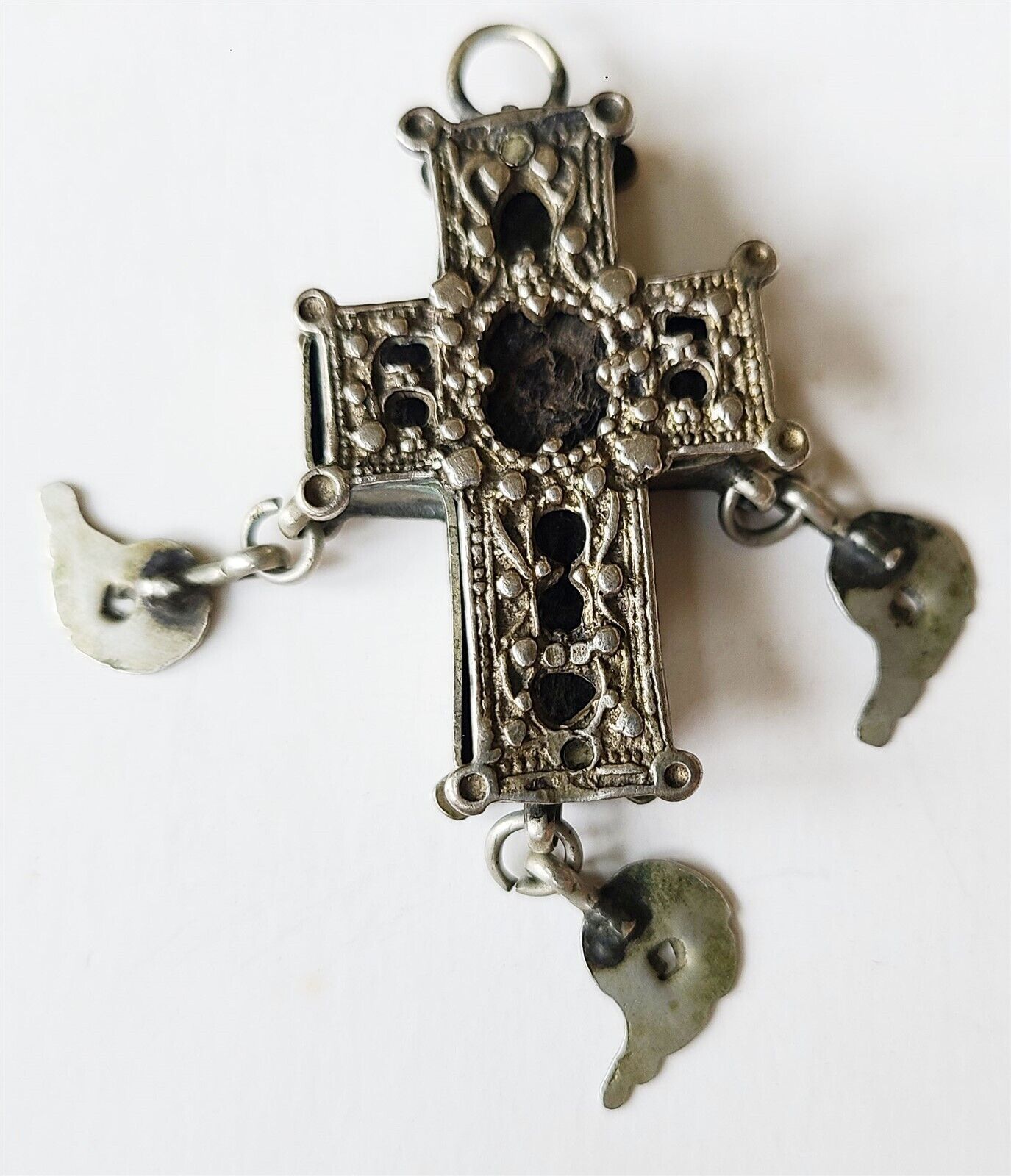 18th CENTURY GREEK ORTHODOX SILVER NECK CROSS antique icon w/ WOODEN INSERT rare