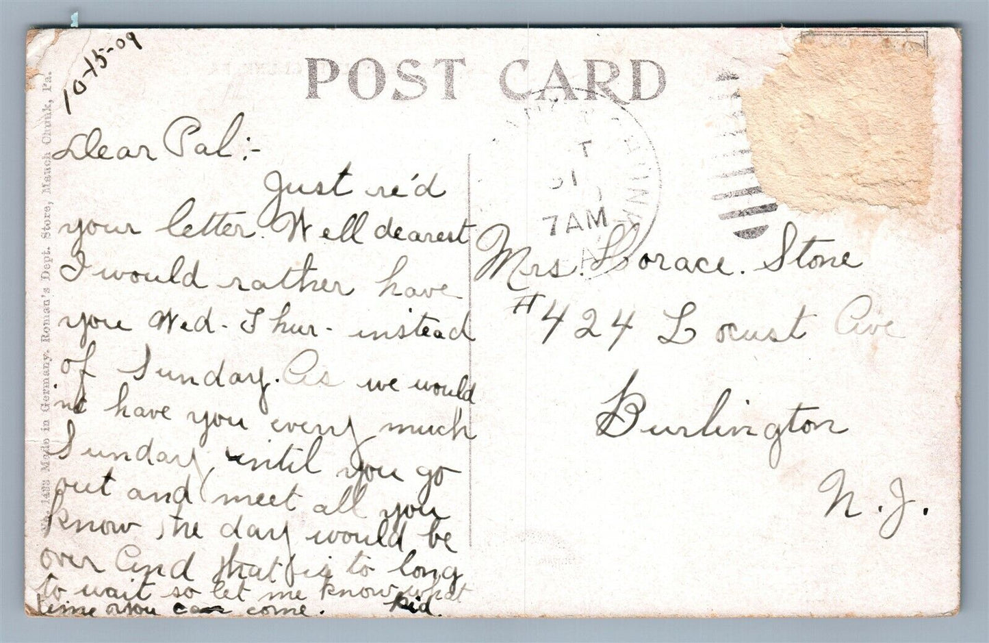 PHILADELPHIA PA MAUCH CHUNK BROADWAY ANTIQUE POSTCARD