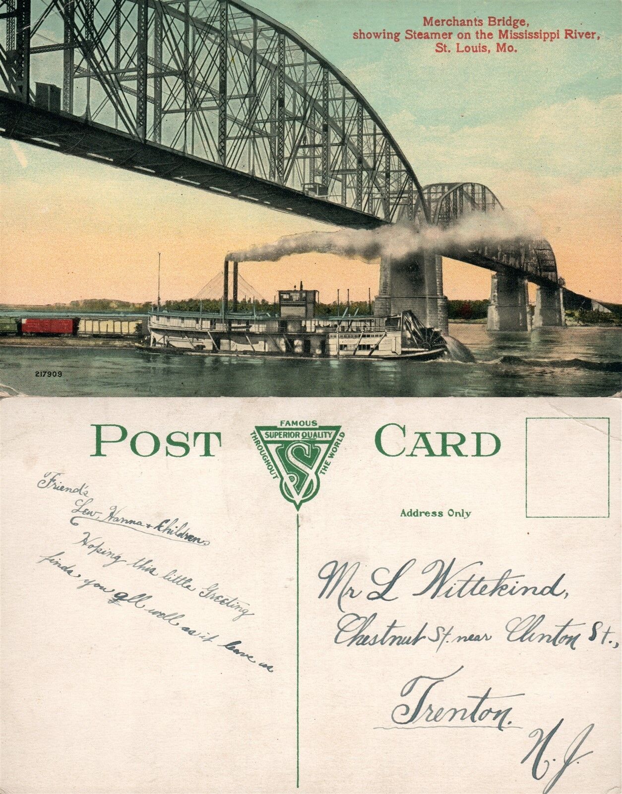 ST.LOUIS MO MERCHANTS BRIDGE STEAMER ON MISSISSIPPI RIVER ANTIQUE POSTCARD