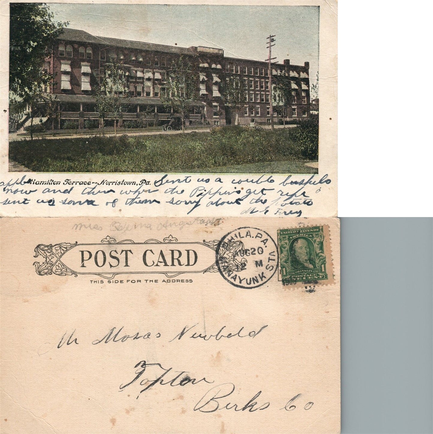 NORRISTOWN PA HAMILTON TERRACE HOTEL 1908 UNDIVIDED ANTIQUE POSTCARD