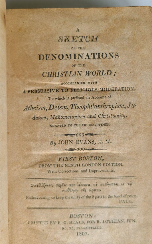 1807 SKETCH of DENOMINATIONS of CHRISTIAN WORLD by JOHN EVANS antique AMERICANA