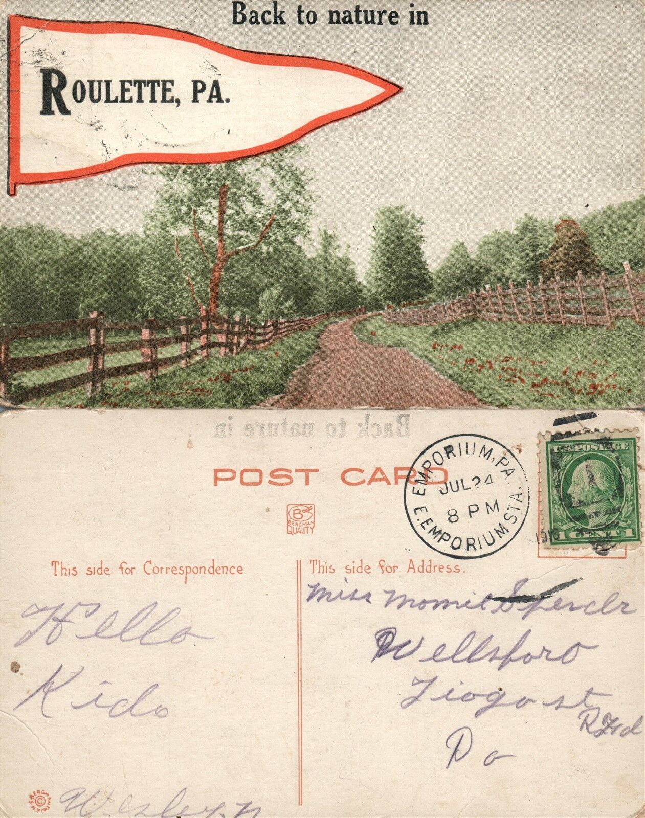 ROULETTE PA ANTIQUE POSTCARD w/ CORK CANCEL
