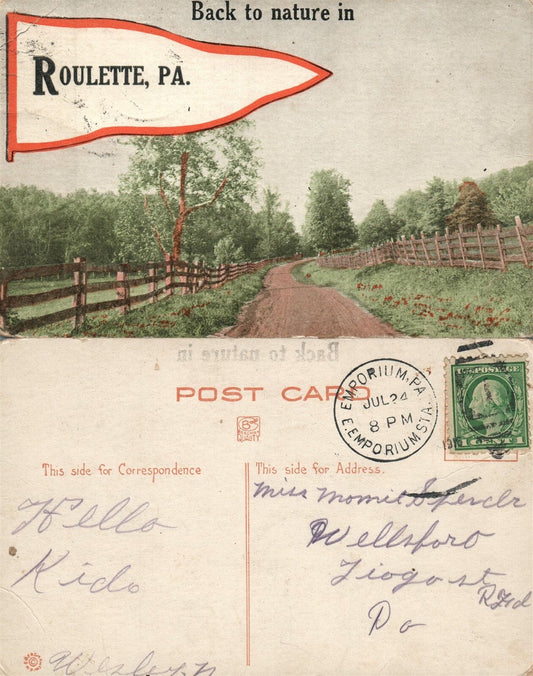 ROULETTE PA ANTIQUE POSTCARD w/ CORK CANCEL