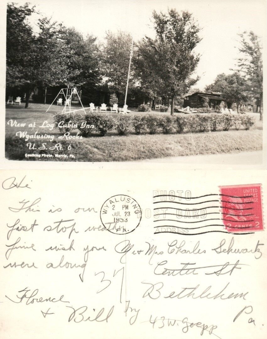 LOG CABIN INN hotel WYALUSING ROCKS PA 1953 VINTAGE RPPC REAL PHOTO POSTCARD