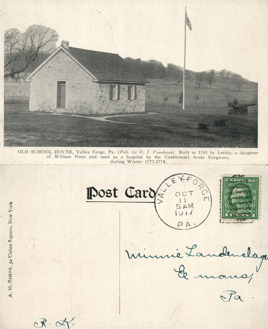 VALLEY FORGE PA OLD SCHOOL HOUSE ANTIQUE POSTCARD HOSPITAL for ARMY SURGEONS