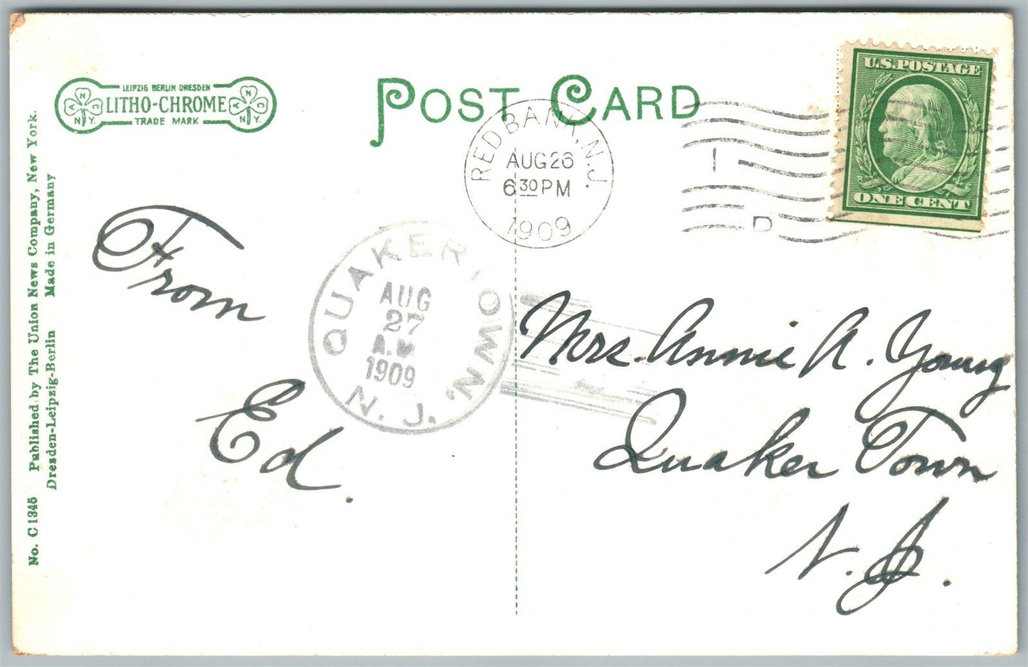 RED BANK NJ ST.JAMES CLUB 1909 ANTIQUE POSTCARD