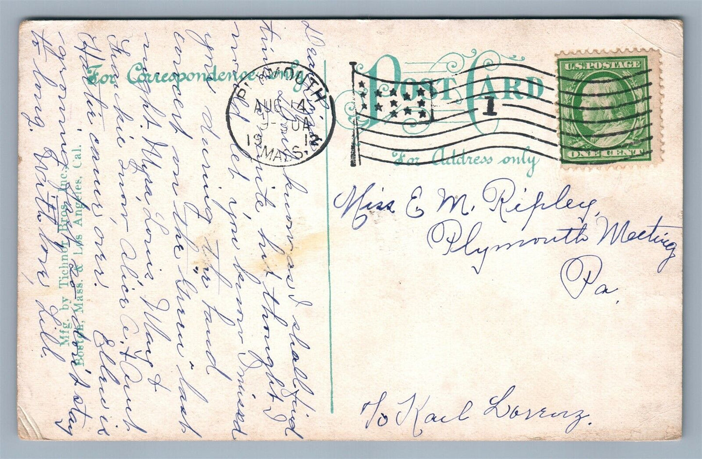 PLYMOUTH MA NORTH STREET 1912 ANTIQUE POSTCARD