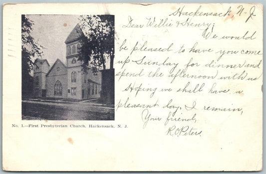 HACKENSACK NJ FIRST PRESBYTERIAN CHURCH 1905 UNDIVIDED ANTIQUE POSTCARD