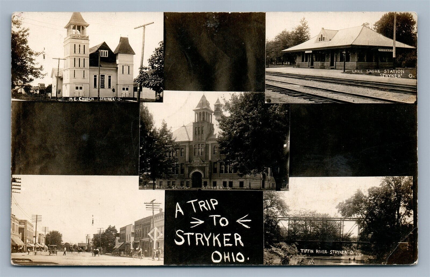 STRYKER OH RAILROAD STATION & STREET VIEWS ANTIQUE REAL PHOTO POSTCARD RPPC