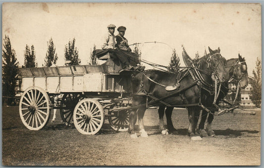 BLACK BOYS on HORSE DRAWN WAGON ANTIQUE REAL PHOTO POSTCARD RPPC