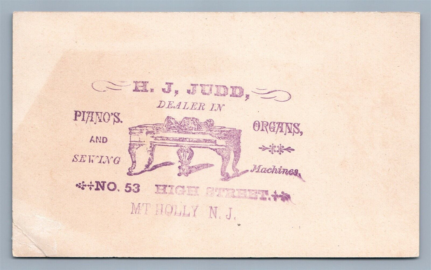 MT.HOLLY NJ H.J. JUDD ANTIQUE VICTORIAN TRADE CARD SEWING MACHINES ADVERTISING