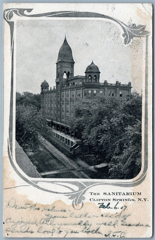 CLIFTON SPRINGS N.Y. SANITARIUM ANTIQUE UNDIVIDED POSTCARD w/ CORK CANCEL