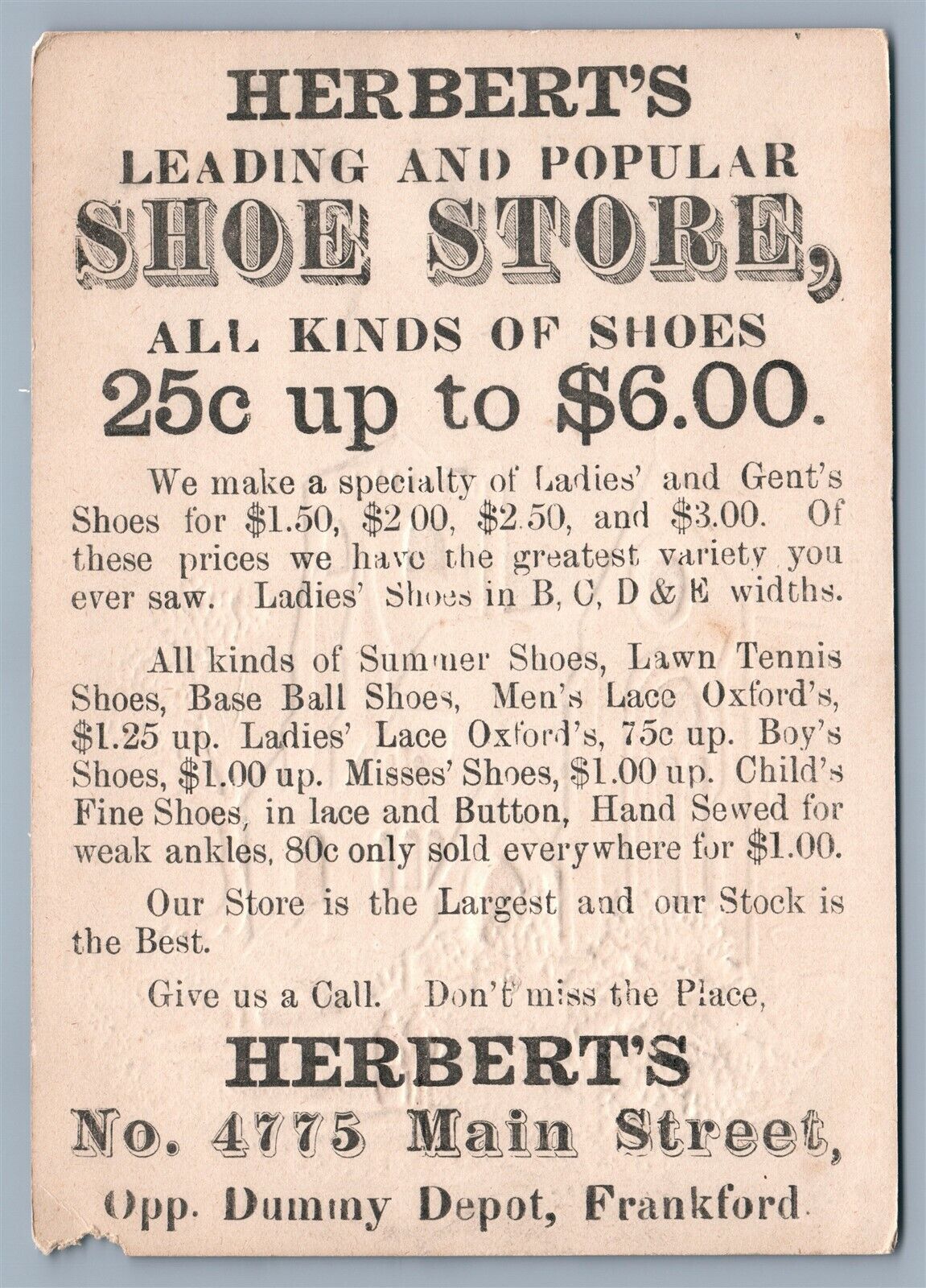 VICTORIAN TRADE CARD HERBERT'S SHOE STORE FRANKFORD PA antique