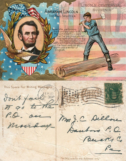 PATRIOTIC ANTIQUE 1909 EMBOSSED POSTCARD ABRAHAM LINCOLN RAIL SPLITTER