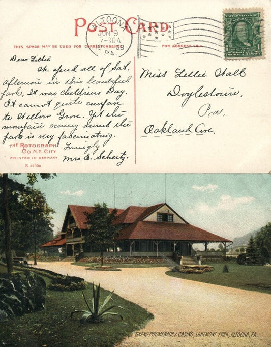 ALTOONA PA LAKEWOOD PARK PROMENADE & CASINO 1908 ANTIQUE POSTCARD