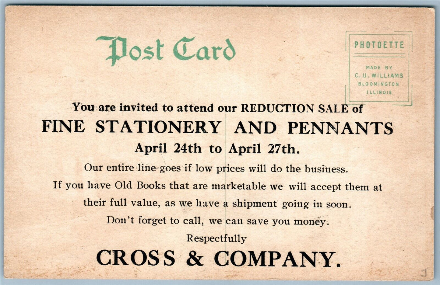 CEDAR FALLS IA CROSS & CO STATIONARY STORE ADVERTISING ANTIQUE POSTCARD