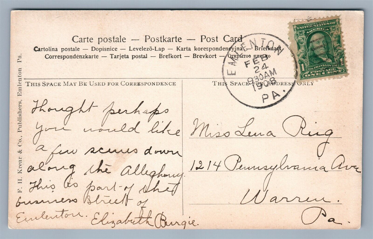 EMLENTON PA EAST MAIN STREET ANTIQUE POSTCARD