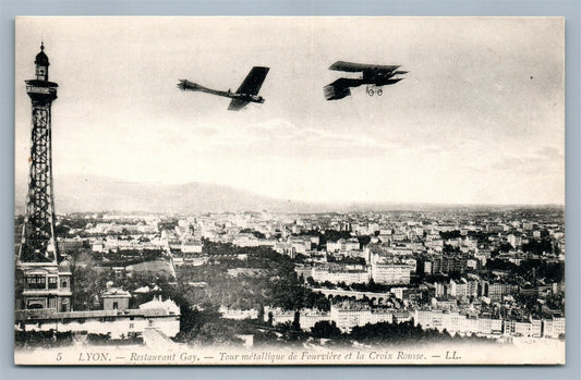 LYON RESTAURANT GAY FRANCE AIRPLANES ANTIQUE POSTCARD