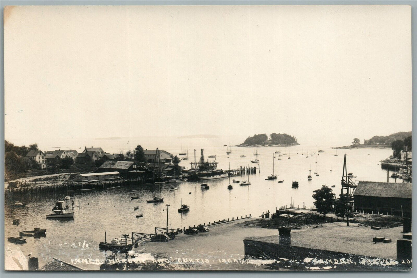 CAMDEN ME INNER HARBOR & CURTIS ISLAND ANTIQUE REAL PHOTO POSTCARD RPPC