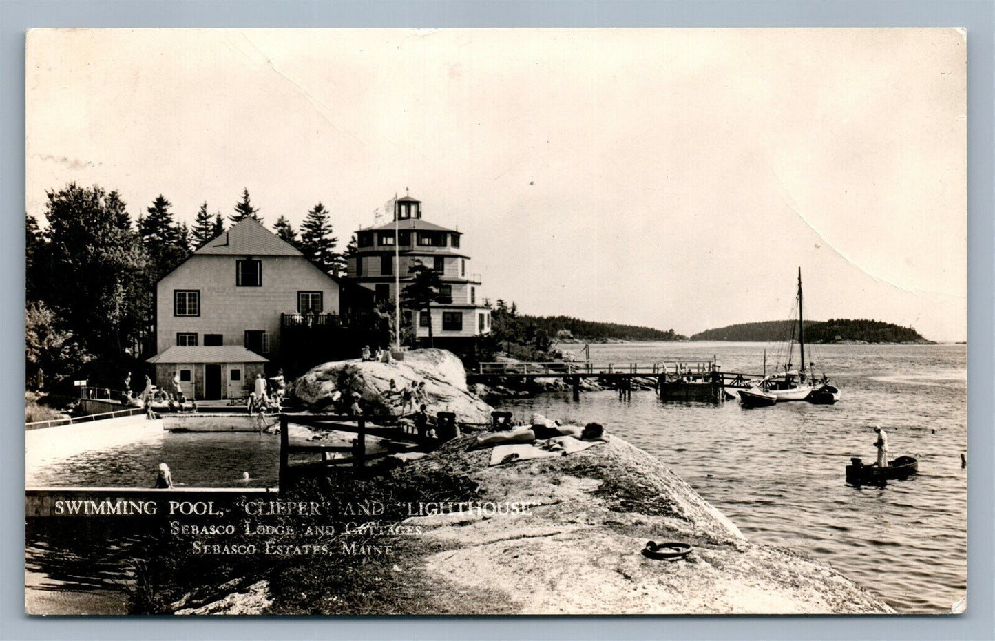 SEBASCO ESTATES ME POOL CLIPPER LIGHT HOUSE VINTAGE REAL PHOTO POSTCARD RPPC