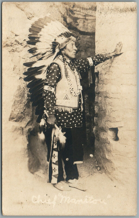 AMERICAN INDIAN CHIEF MANITOU ANTIQUE REAL PHOTO POSTCARD RPPC