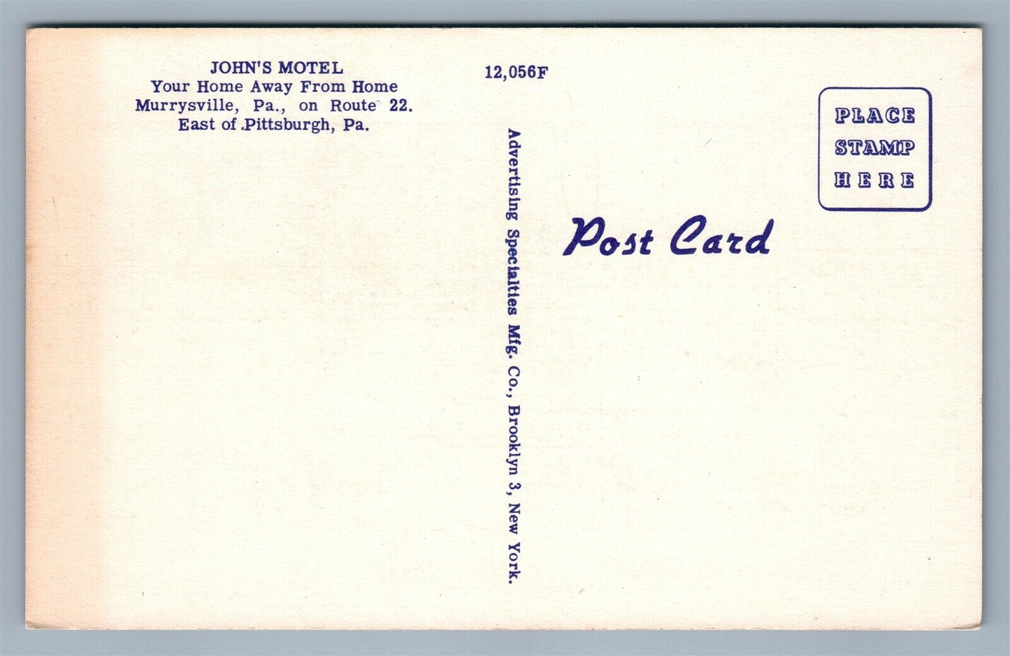 MURRYSVILLE PA JOHN'S MOTEL VINTAGE POSTCARD