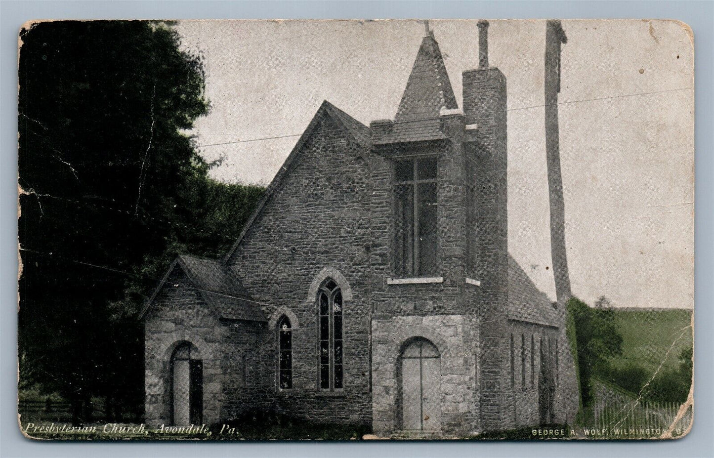 AVONDALE PA PRESBYTERIAN CHURCH ANTIQUE POSTCARD w/ CORK CANCEL
