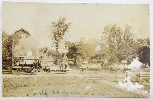 RPPC STEAM ENGINE CAR in DERUYTER N.Y. ANTIQUE REAL PHOTO POSTCARD US FLAG