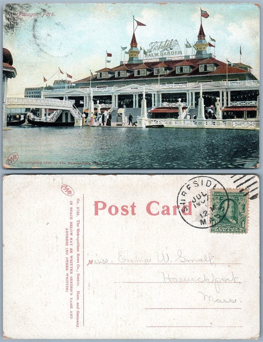 PARAGON AMUSEMENT PARK NANTASKET MA 1907 ANTIQUE POSTCARD w/ CORK CANCEL