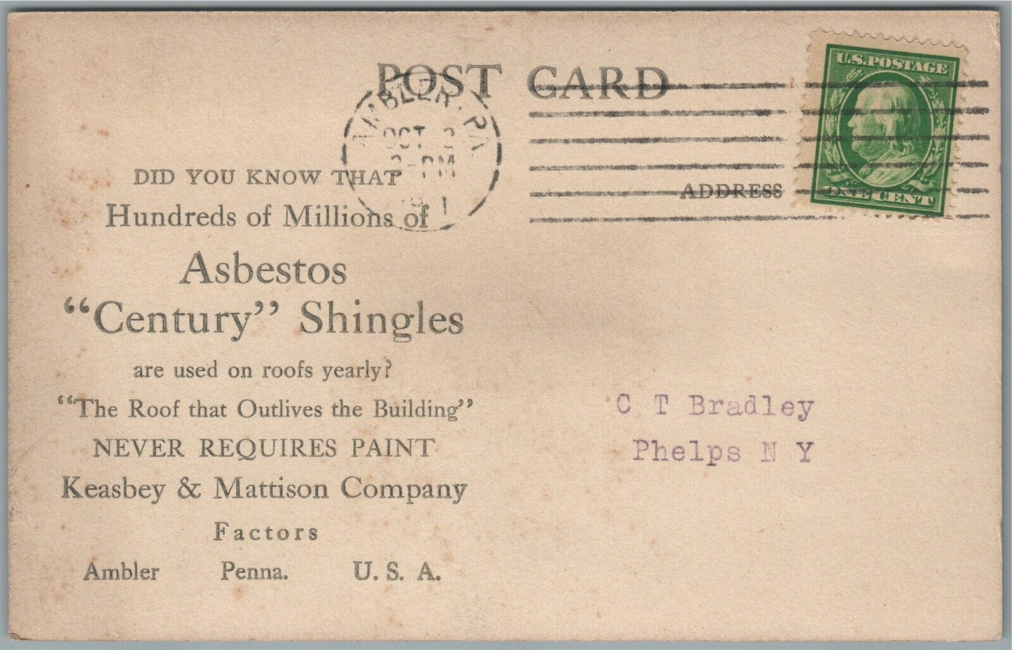 AMBLER PA ASBESTOS SHINGLES ADVERTISING ANTIQUE REAL PHOTO POSTCARD RPPC