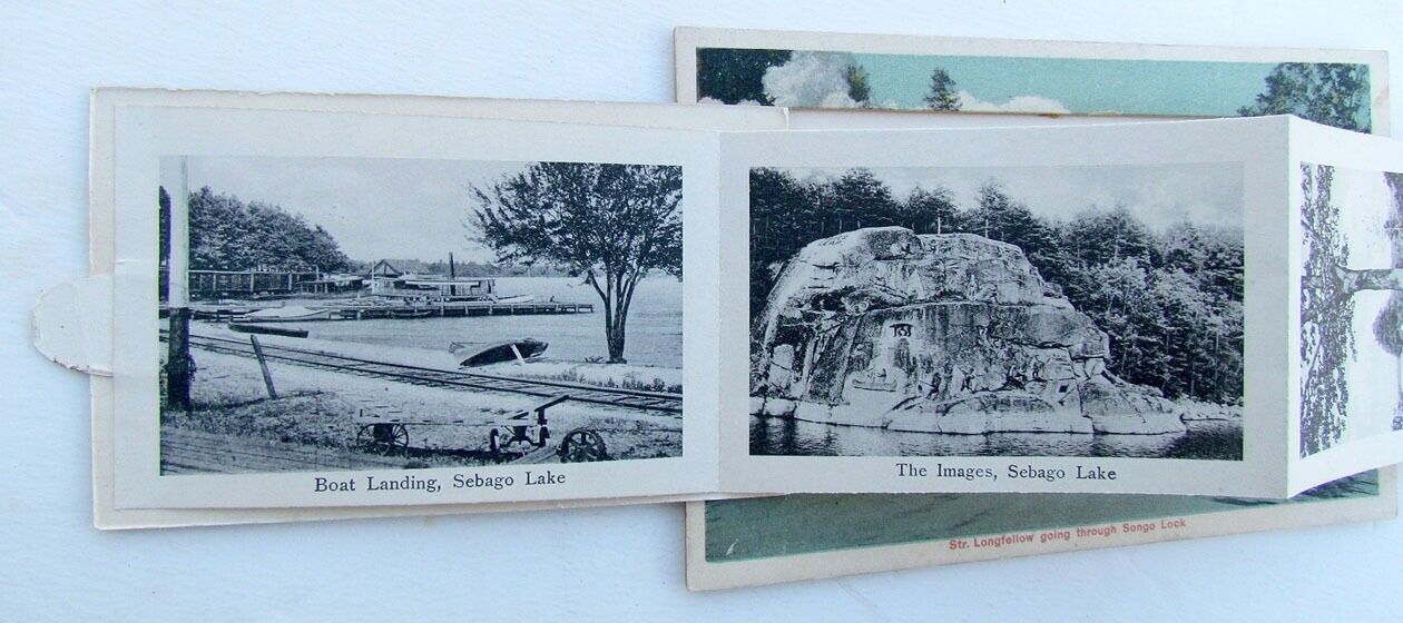 VINTAGE FOLDING POSTCARD STR. LONGFELLOW GOING THROUGH SONGO LOCK MAINE