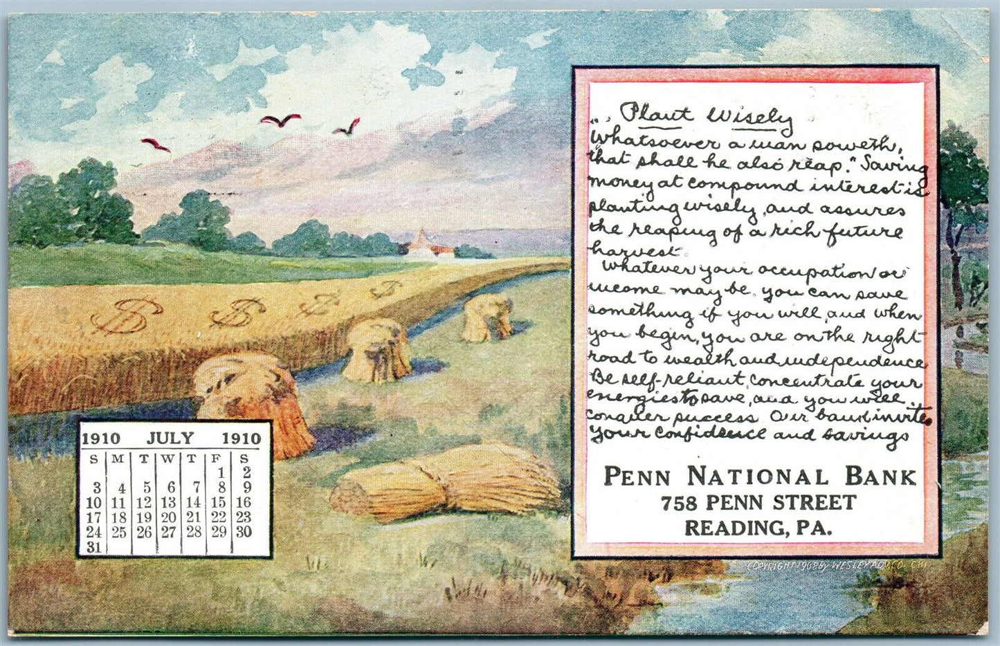 READING PA PENN NATIONAL BANK ADVERTISING ANTIQUE POSTCARD JULY 1910 CALENDAR