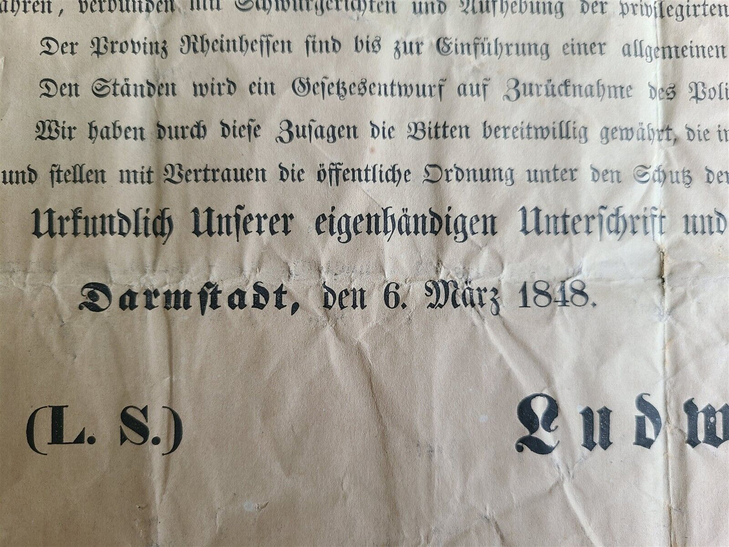 1848 GERMAN BROADSIDE of GRAND DUKE LUDWIG III antique 16.5 by 20.5"