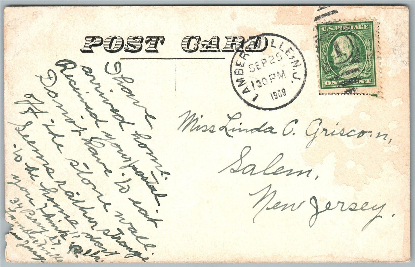 LAMBERTVILLE NJ CREEK ROAD 1909 ANTIQUE POSTCARD