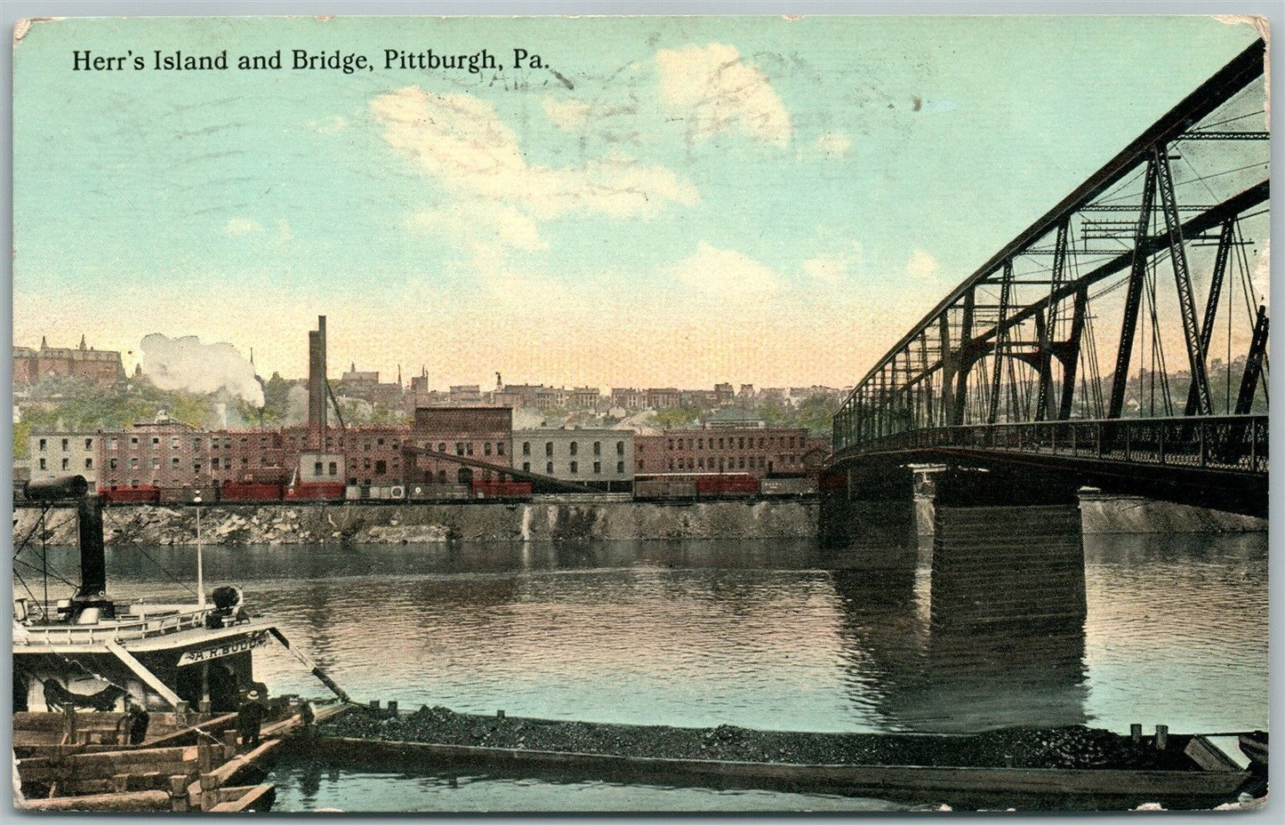 PITTSBURG PA HERR'S ISLAND & BRIDGE 1914 ANTIQUE POSTCARD