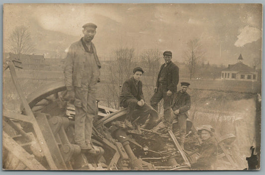 WORKERS at RAILROAD WRECKAGE ANTIQUE REAL PHOTO POSTCARD RPPC