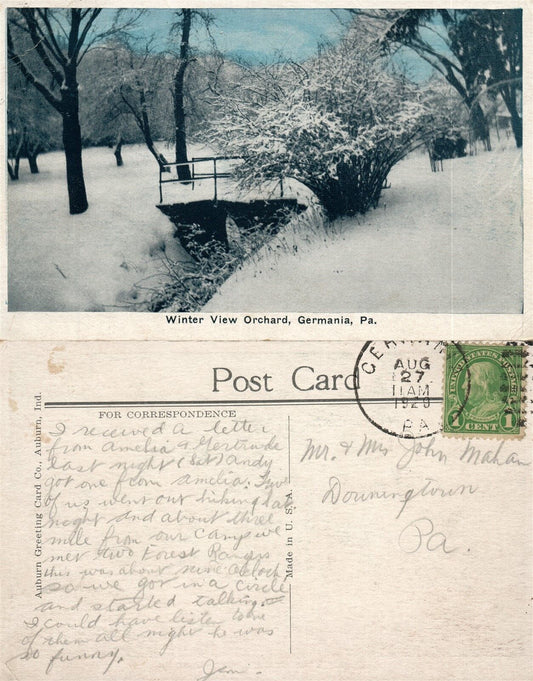 GERMANIA PA WINTER VIEW ORCHARD 1929 ANTIQUE POSTCARD w/ CORK CANCEL