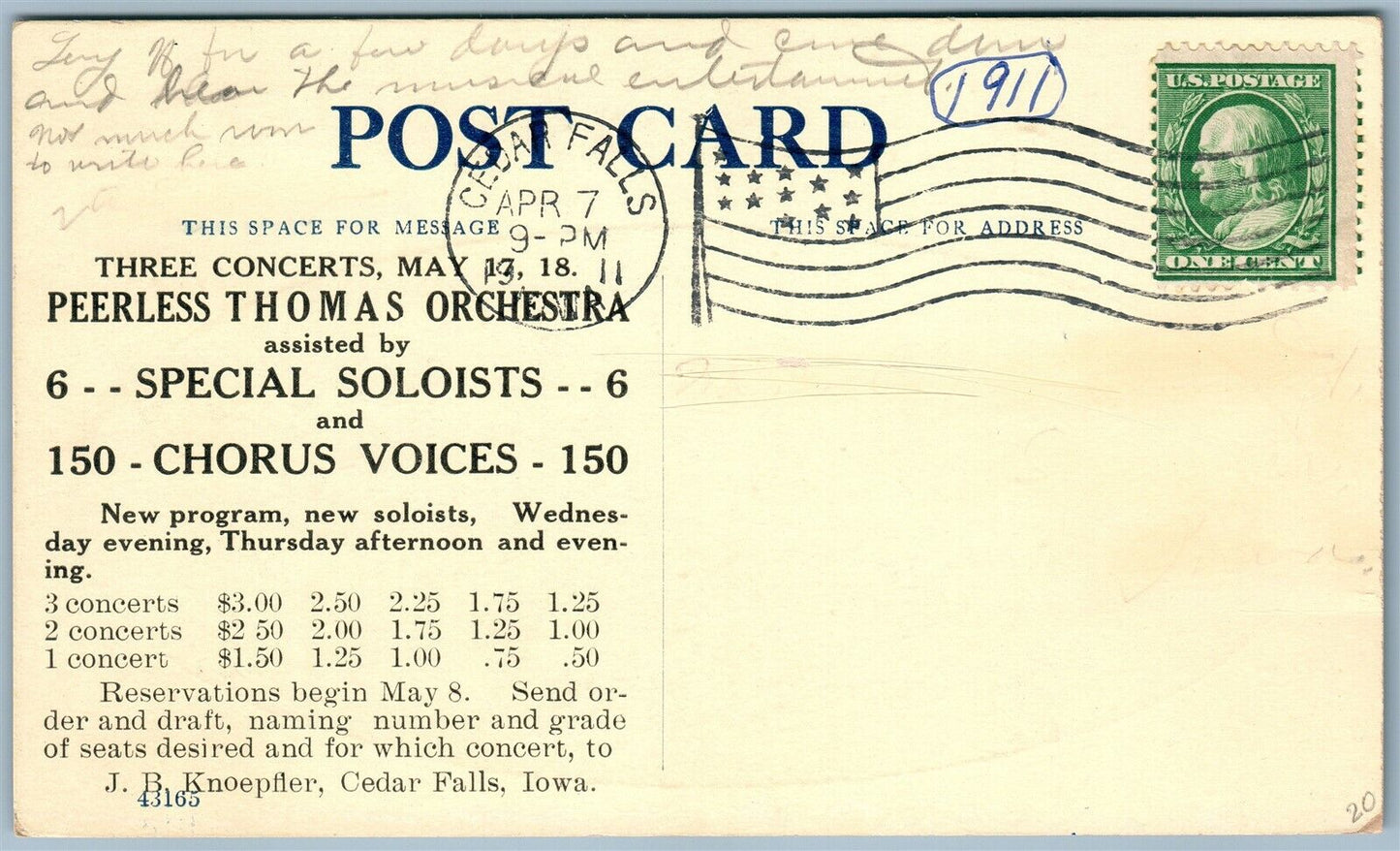 CEDAR FALLS IA GRAND MUSIC FESTIVAL ORCHESTRA ADVERTISING ANTIQUE POSTCARD